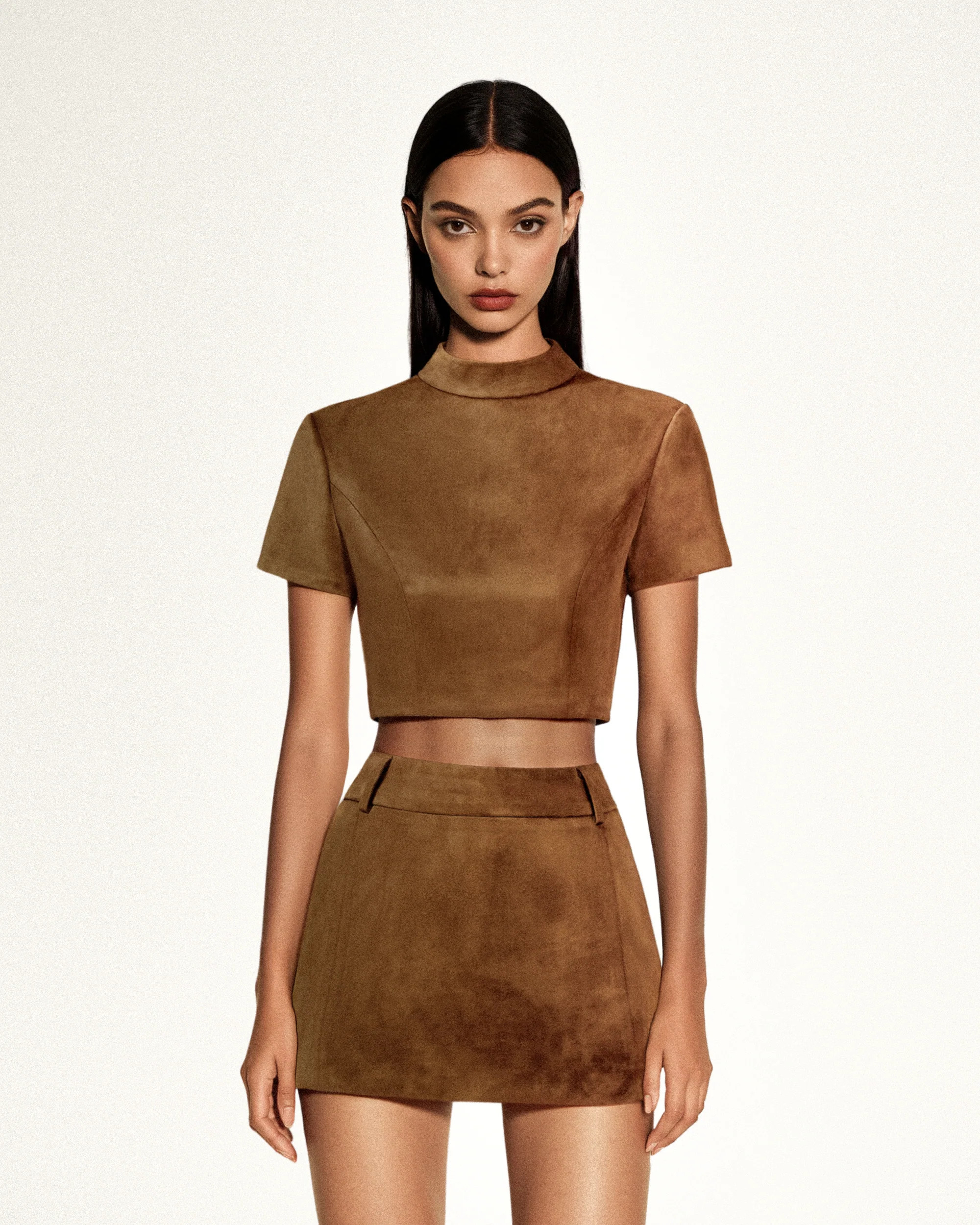 Grace Faux Suede Crop Top and Mini Skirt Set - Camel | JW PEI US