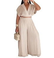 KEYUFANG Women's Summer 2 Piece Outfits Wrap V Neck Crop Top and Wide Leg Pants Sets Casual Vacat... | Amazon (US)