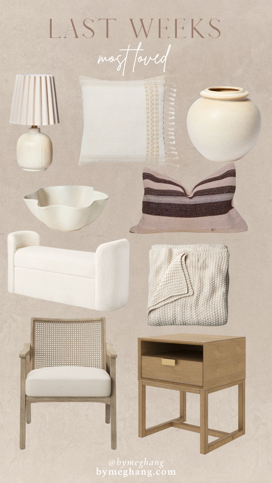 Last weeks most loved items! The cutest pleated lamp, cream throw pillow, vase on sale, scalloped bowl, kilim throw pillow, king size throw blanket, boucle bench on sale, cane accent chair, and affordable nightstands! 

#LTKFind #LTKhome