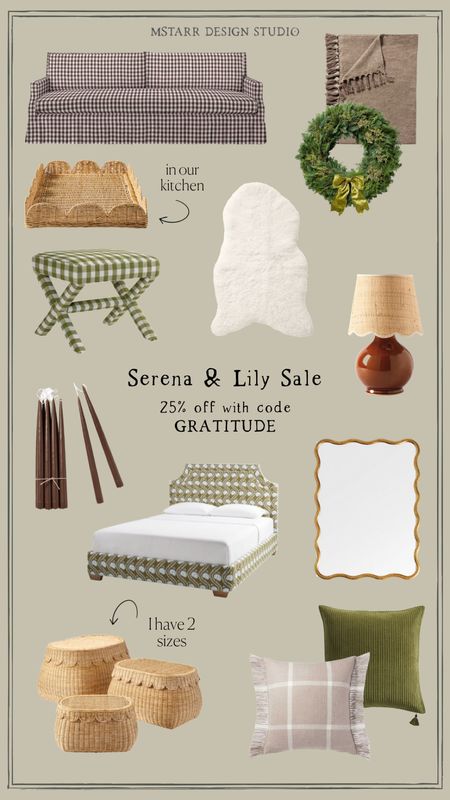 Serena & Lily Sale - 25% with code GRATITUDE. 

Home decor, custom furniture, table lamp, sheepskin, scalloped mirror, upholstered bed, taper candles, rattan decor, scalloped tray, throw pillows, cozy blanket, storage basket, wreath, holiday decor, Christmas decor  

#LTKsalealert #LTKhome #LTKHoliday