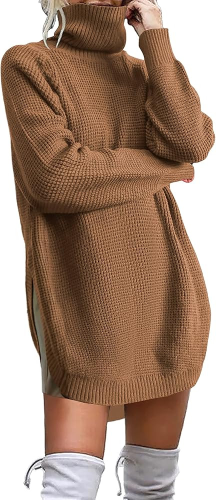 KIRUNDO Women's 2024 Fall Winter Casual Waffle Knit Turtleneck Sweater Long Sleeve Solid Side Spl... | Amazon (US)