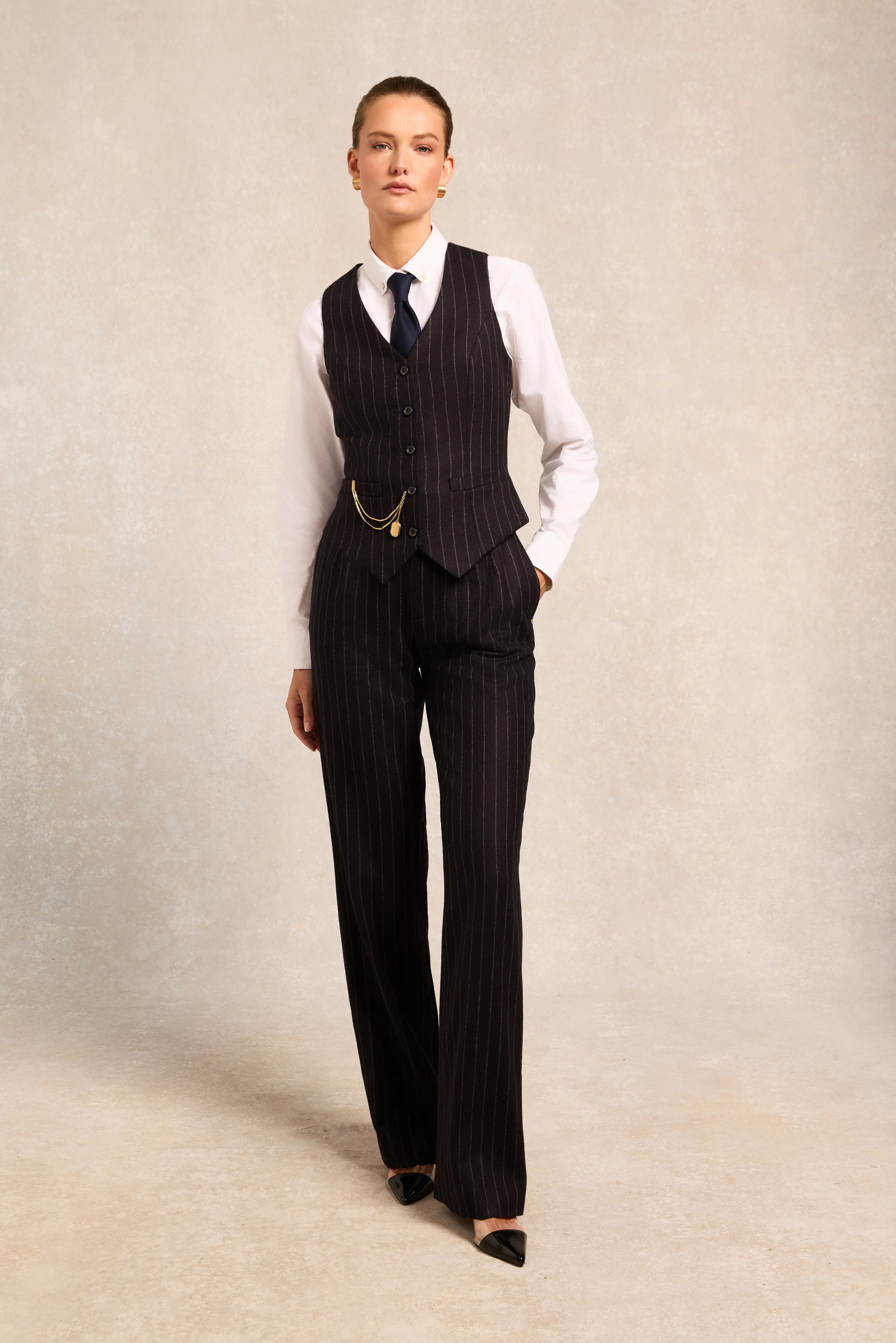 High Waisted Straight Trouser (Navy Chalk Pinstripe) | Holland Cooper
