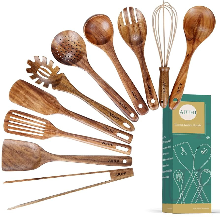 10 Pack Wooden Utensils for Cooking, Wood Utensil Set for Kitchen, Teak Wooden Spoon for Cooking,... | Amazon (US)