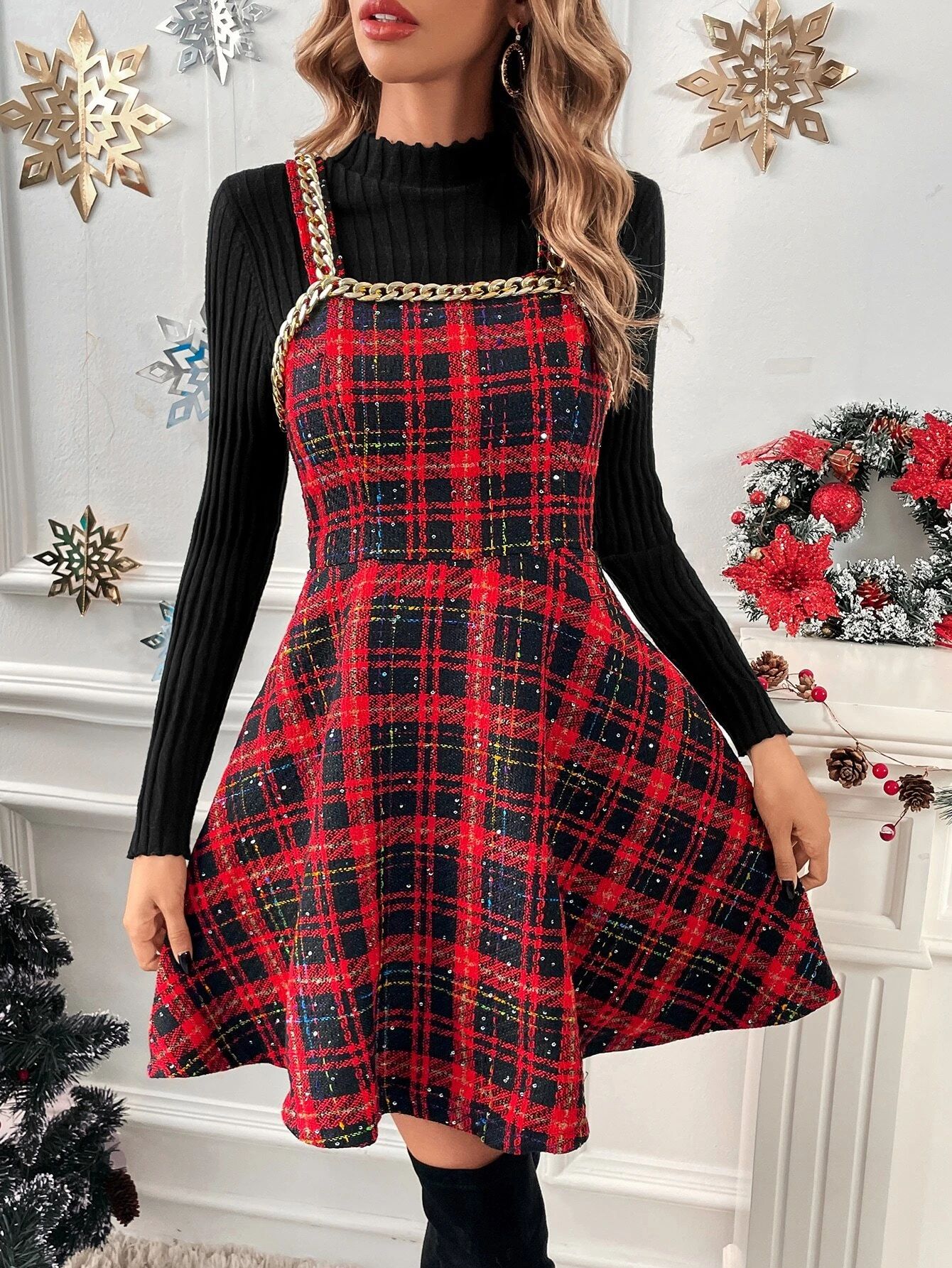 Plaid Print Chain Detail Cami Dress Without Sweater | SHEIN