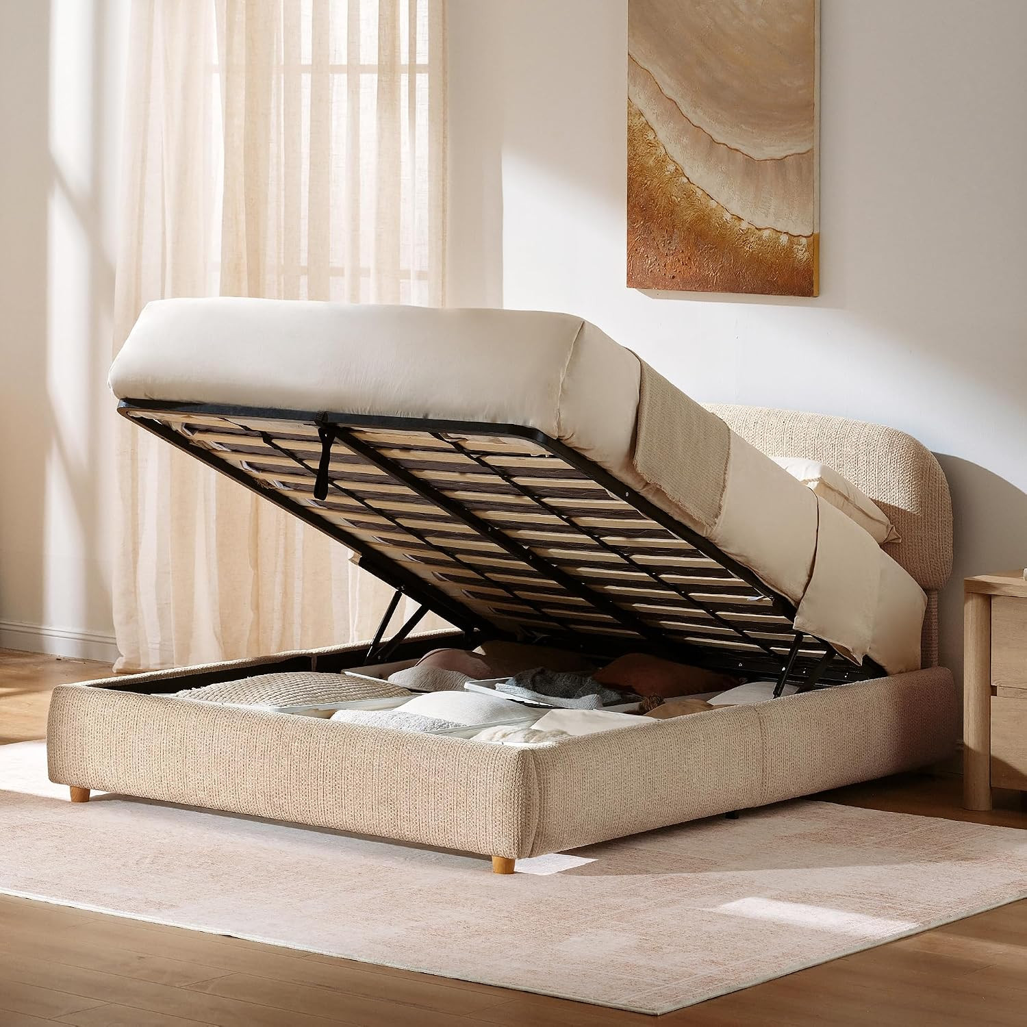 Queen Lift Up Storage Bed Frame with Adjustable Headboard, Brown | Amazon (US)