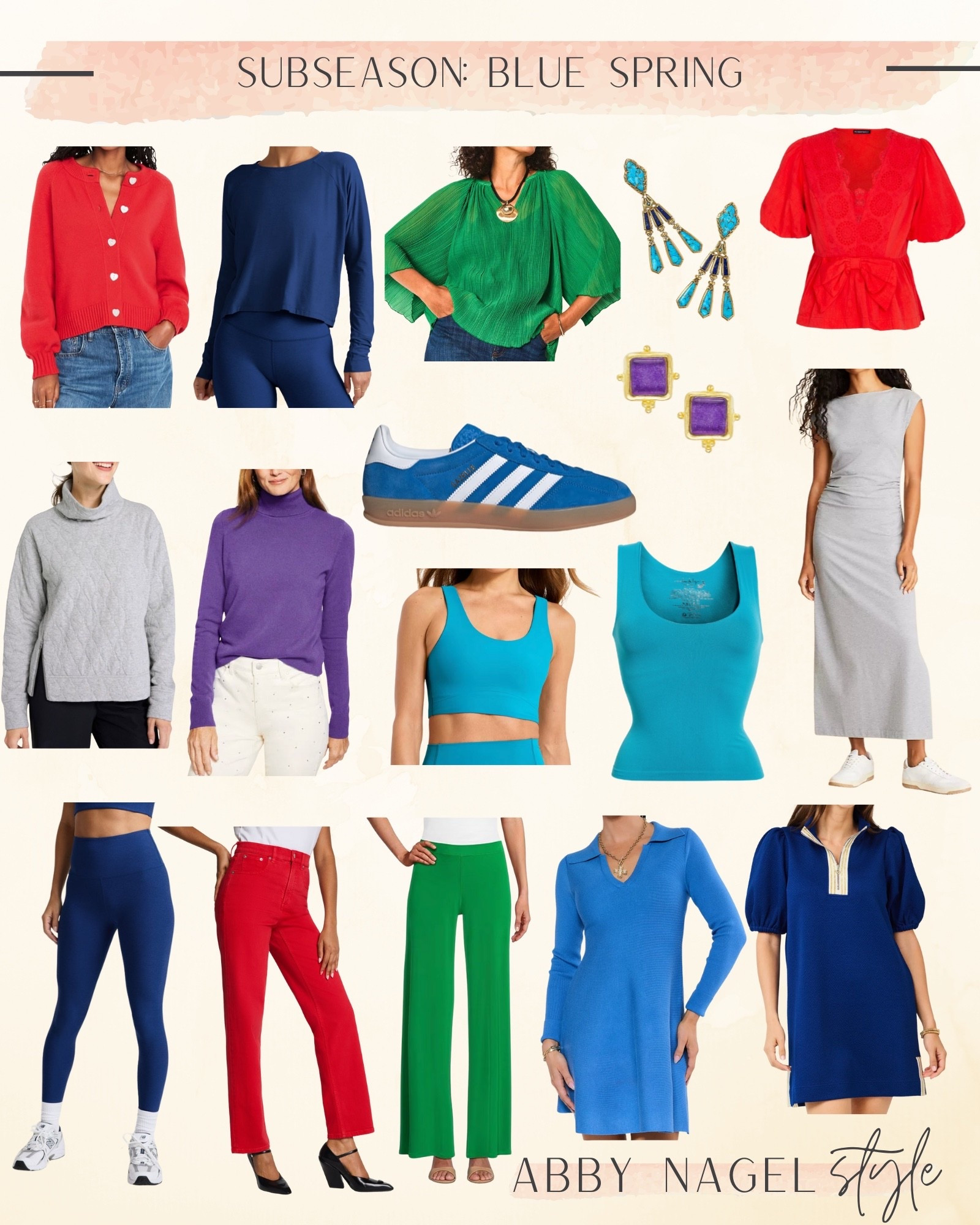 Blue springs in the HOC color system sit on the cooler, clearer side of the spring palette. They tend to shine in crisp, fresh colors like bright, blue, true red, turquoise, and leaf green that reflect their natural clarity and brightness. ￼