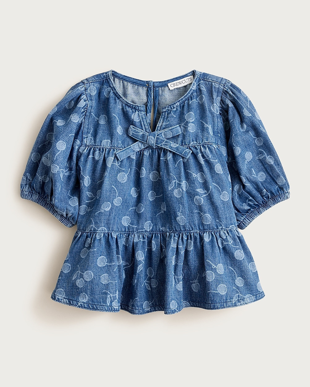 Girls' puff-sleeve cherry top in drapey denim | J. Crew US