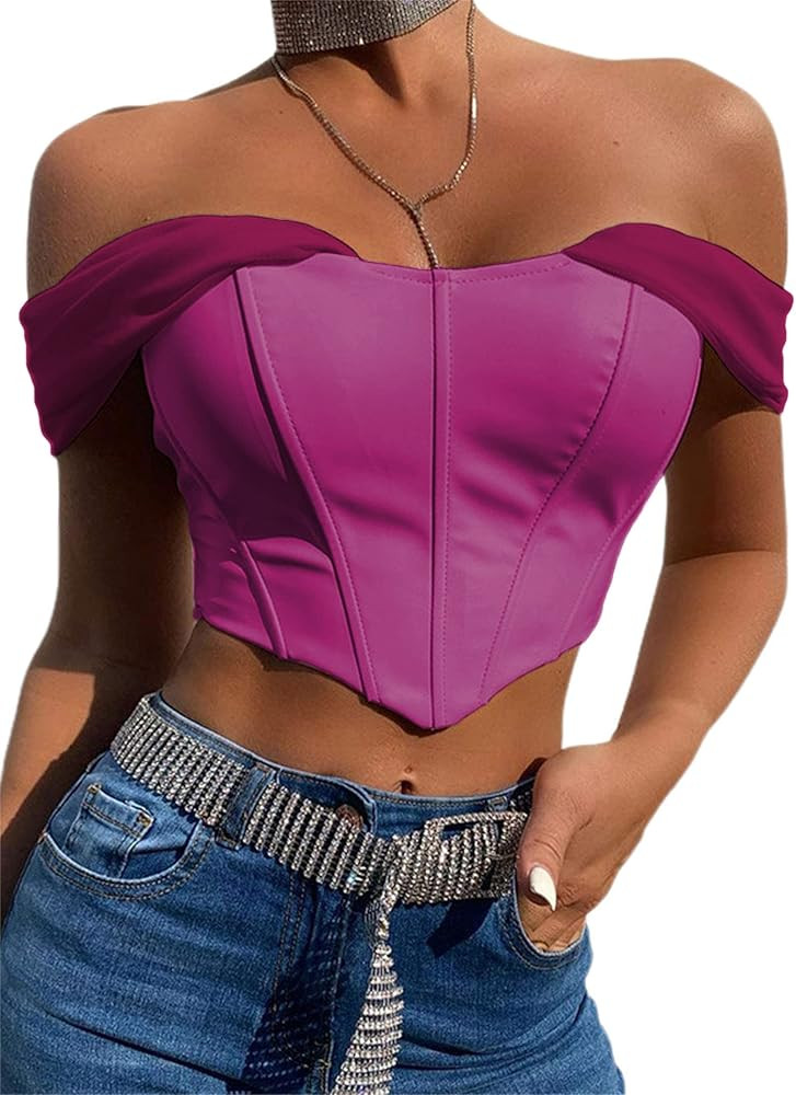 Avanova Women's Sexy Mesh Short Sleeve Patchwork PU Leather Corset Crop Tank Top | Amazon (US)