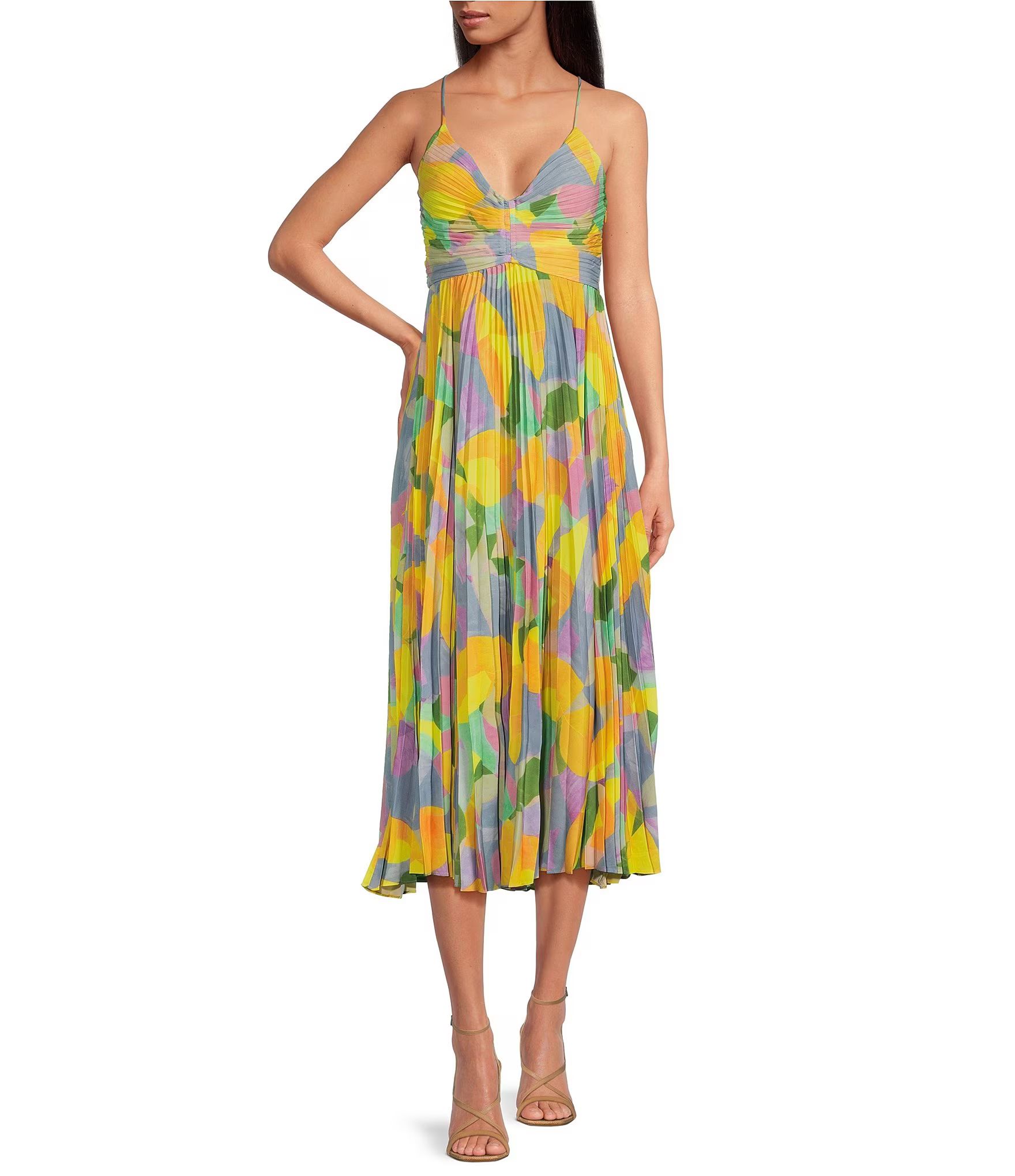 Blythe Abstract Print V-Neck Sleeveless Pleated Midi Dress | Dillard's