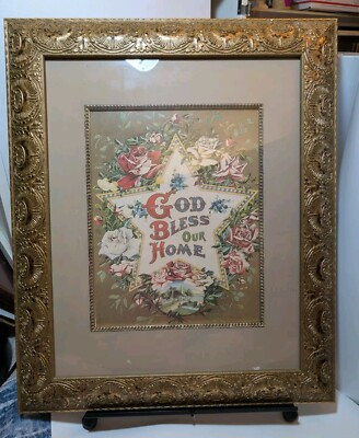 VTG Victorian Art Print God Bless Our Home Star & Roses Gold Lacquered Frame | eBay US