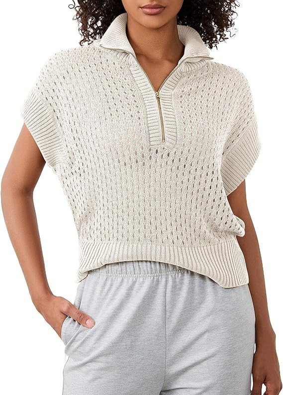 Womens Oversized Crochet Sweater Quarter Zip Cap Sleeve Tops Lightweight Hollow Out Spring Sweate... | Amazon (US)