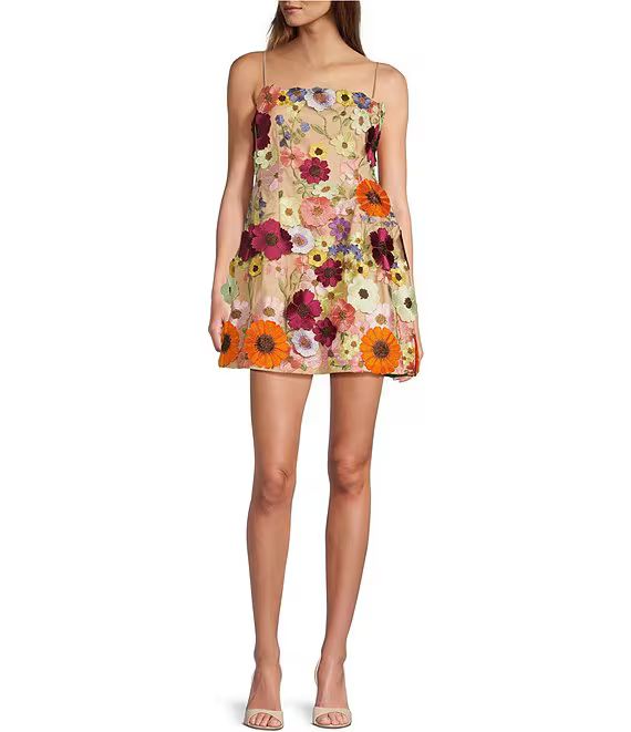 Sunny Multi Floral Applique Embroidered Sleeveless Spaghetti Strap Fit and Flare Mini Dress | Dillard's