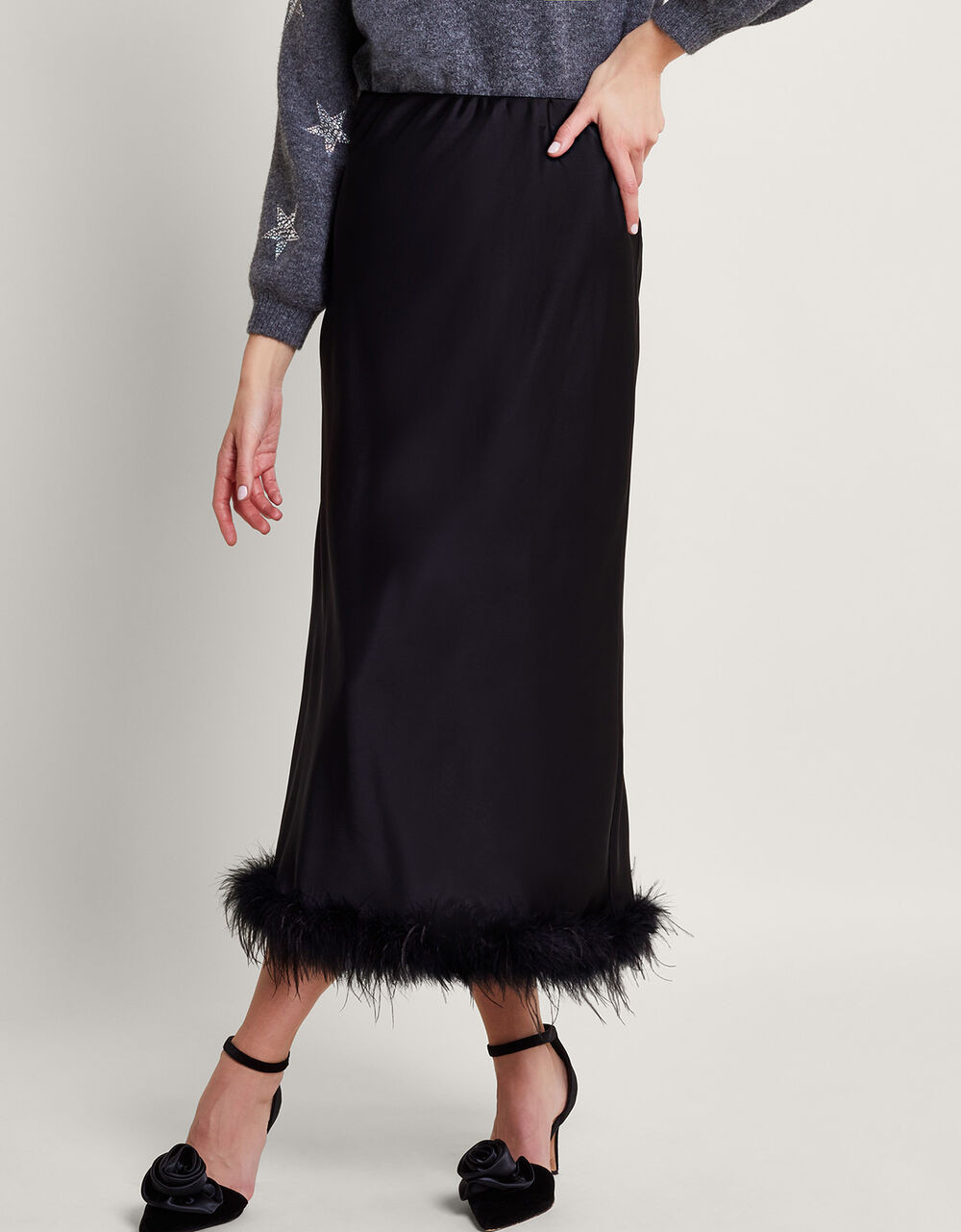 Felis Satin Feather Skirt Black | Monsoon (UK)
