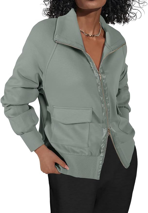 Fisoew Women's Zip up Sweatshirt Collared Neck Long Sleeve Loose Casual Lightweight Jacket with P... | Amazon (US)