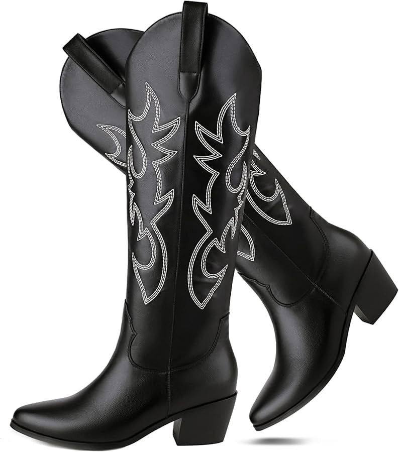 STALOV Cowboy Boots for Women,Western Pointed Toe Chunky Heel Pull-On Knee High Cowgirl Boots Fas... | Amazon (US)