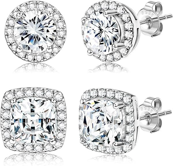 18K Gold Plated Halo Stud Earrings 925 Sterling Silver Cubic Zirconia Stud Earrings Round Square ... | Amazon (US)