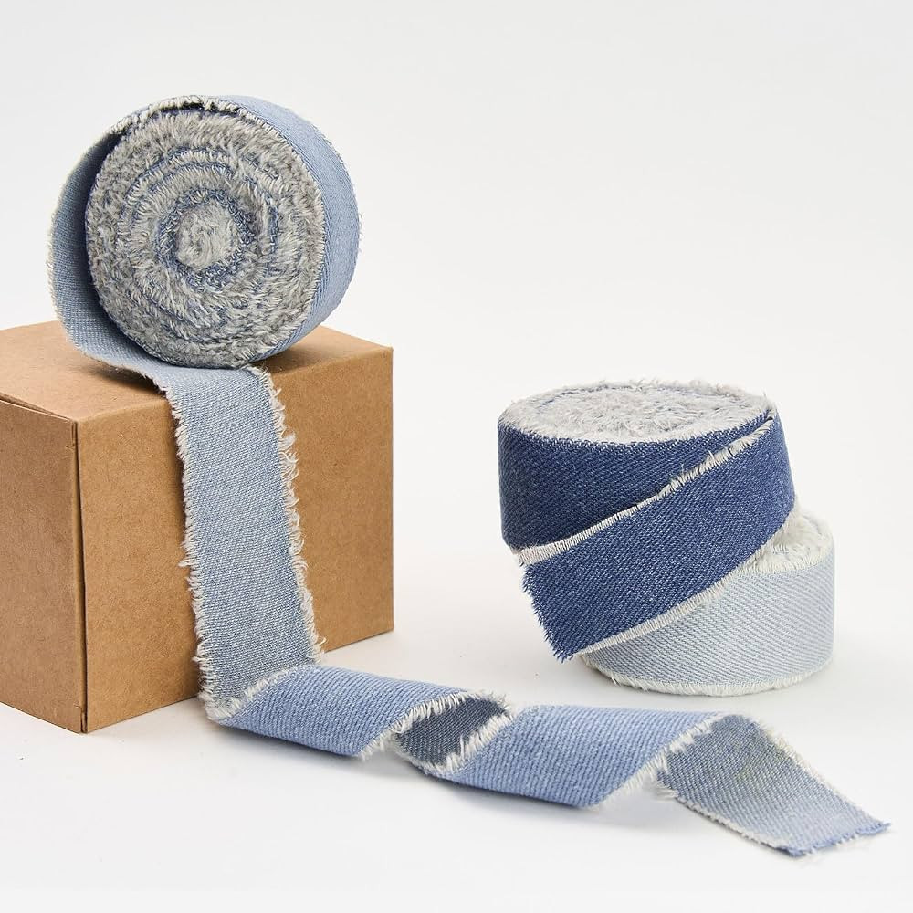 Pretty Jolly Blue Denim Ribbon for Crafts Handmade Rustic Frayed Cotton Jean Fabric Ribbon for Fl... | Amazon (US)