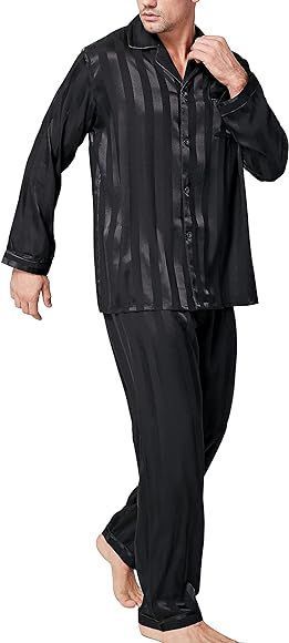 Lonxu Pajamas Set Mens Silk Satin Pajamas Long Sleeve Loungewear Two-Piece Sleepwear Button-Down Pj  | Amazon (US)