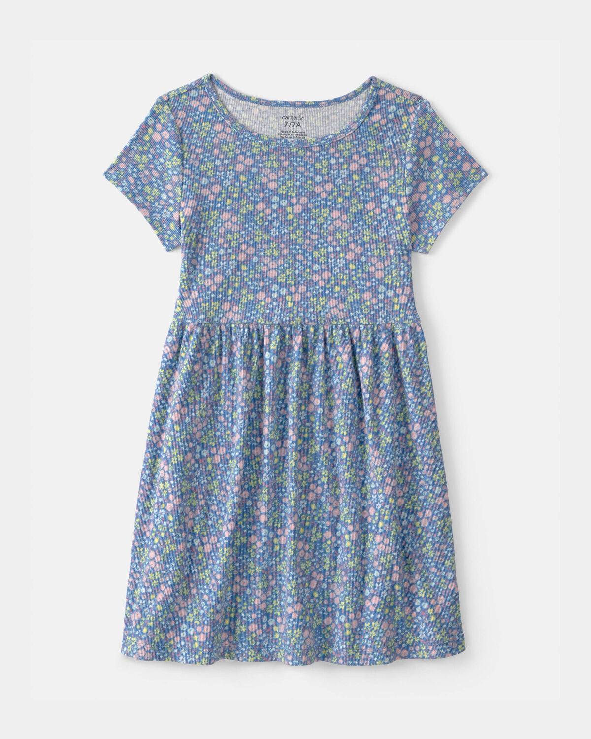 Girls Floral Rib Short-Sleeve Dress - Blue | Carter's Inc