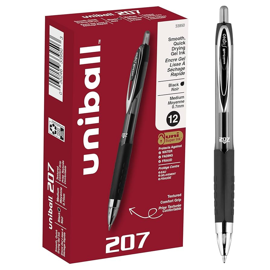 uni-ball 207 Retractable Gel Pens Medium Point, 0.7mm, Black, 12 Pack | Amazon (US)