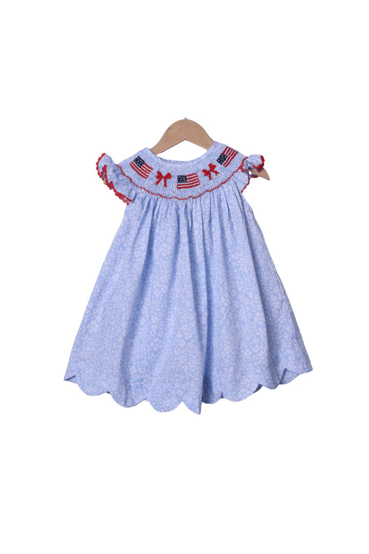 Smocked Flag and Bow Blue Floral Dress | The Smocked Flamingo