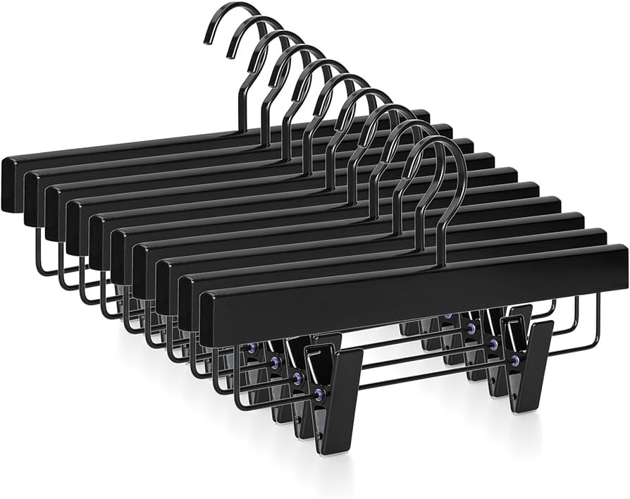 TOPIA HANGER Black Wooden Pants Hangers, Wood Skirt Hangers with Clips, Deluxe Jeans Hanger with ... | Amazon (US)