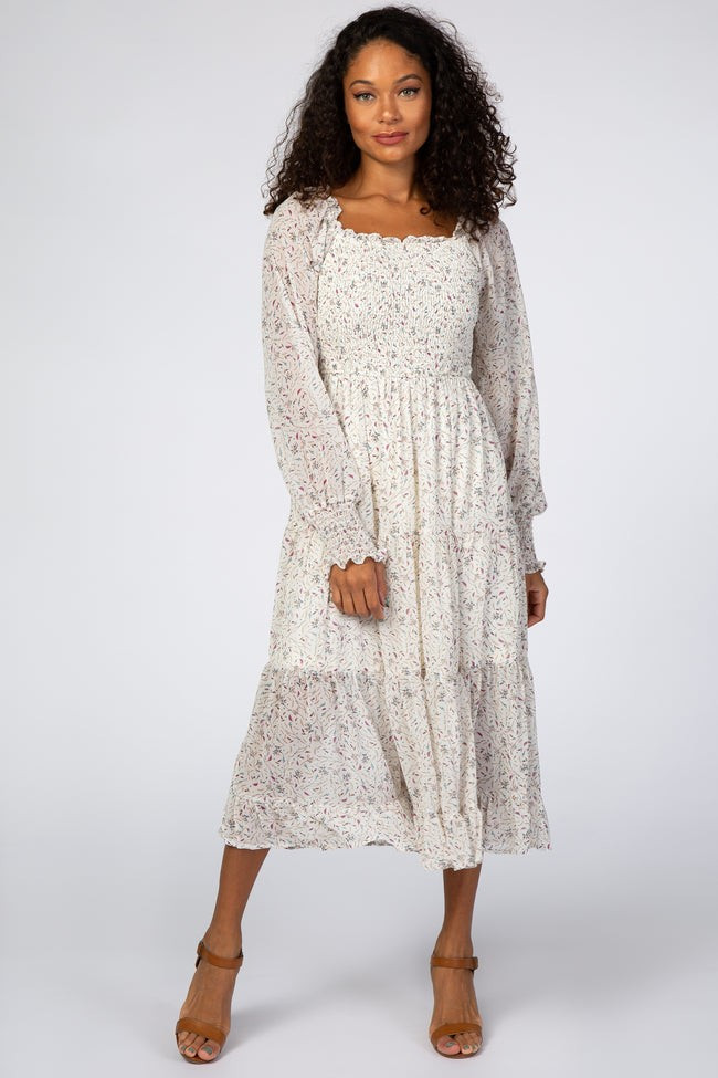 Ivory Floral Smocked Front Ruffle Hem Midi Dress | PinkBlush Maternity