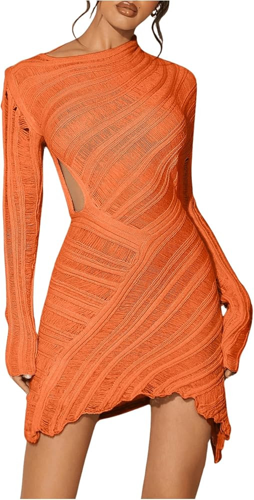 GORGLITTER Women's Long Sleeve Bodycon Cut Out Dress Sexy Distressed Asymmetrical Mini Dresses | Amazon (US)