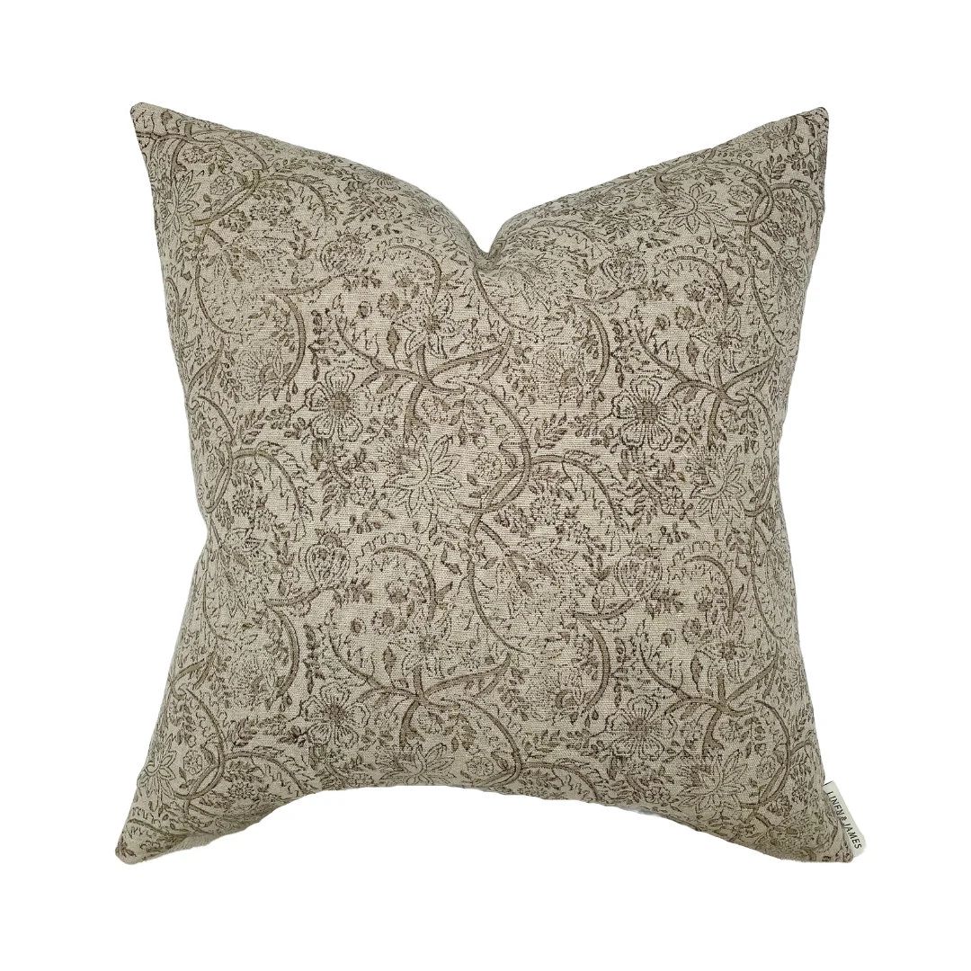 Drew Natural Tan Floral Handblock Pillow Cover Light Brown Designer Fabric Neutral Home Decor 18x... | Etsy (US)