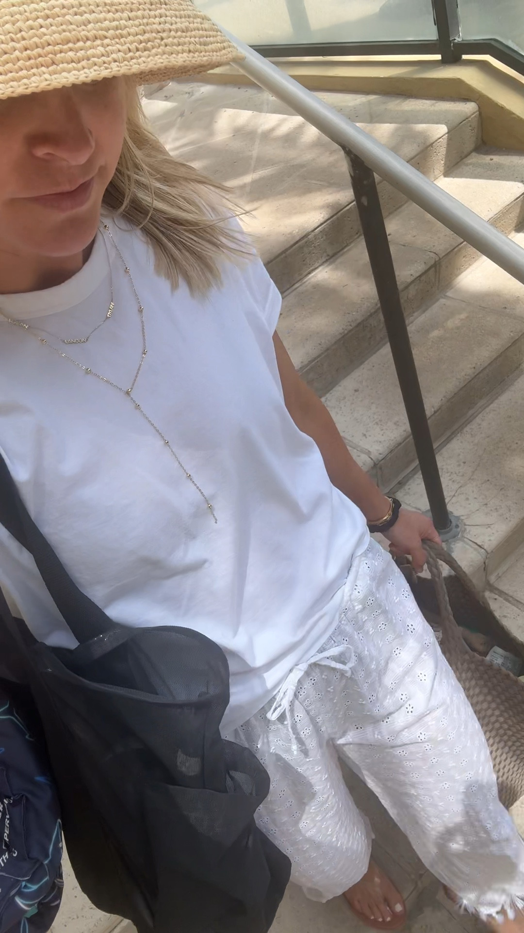 Todays beach fit **exact pants are old Jcrew, linked their current version 
-small tee 
-small swim 
-XS pants 
-small hat 
-size 8 sandals, I’m a true 7.5 

beach vacation, resort wear, spring break 