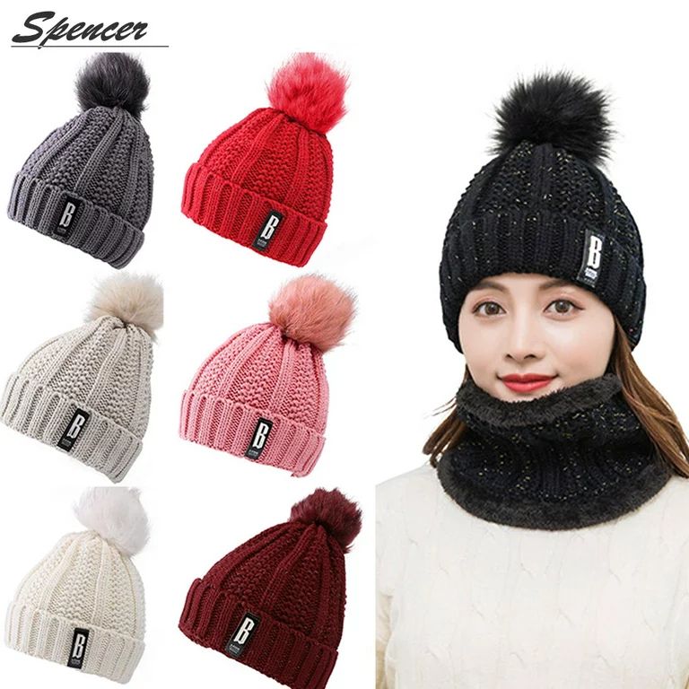 Spencer Winter 2Pcs Pom Pom Cable Beanie Hat Scarf Set Soft Warm Knit Ski Cap Thick Neck Scarf fo... | Walmart (US)