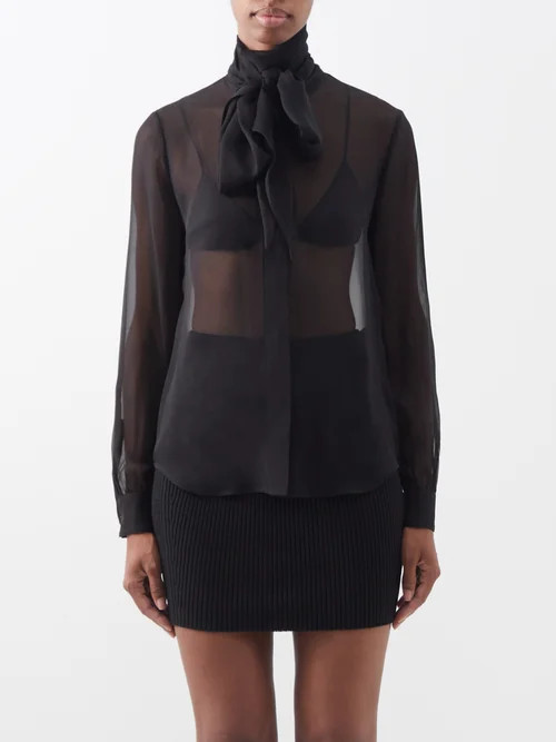 Saint Laurent - Neck-tie Silk-crepe Shirt - Womens - Black | Matches (US)