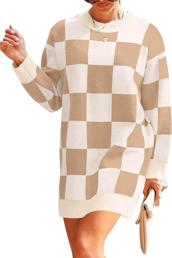 ZESICA Women's Casual Long Sleeve Tunic Sweater Dress Crew Neck Plaid Knit Oversized Pullover Jum... | Amazon (US)