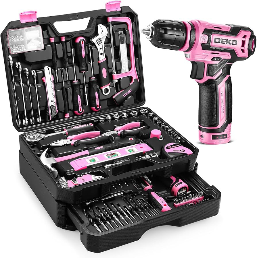 Pink Tool Kit Box Drill Set：DEKOPRO Home Mechanic Toolbox with 12V Power Cordless Drill Hand Re... | Amazon (US)