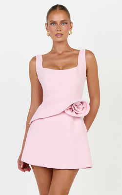 Vivienne Mini Dress - Square Neck Rosette Peplum Dress in Pink | Showpo (US, UK & Europe)