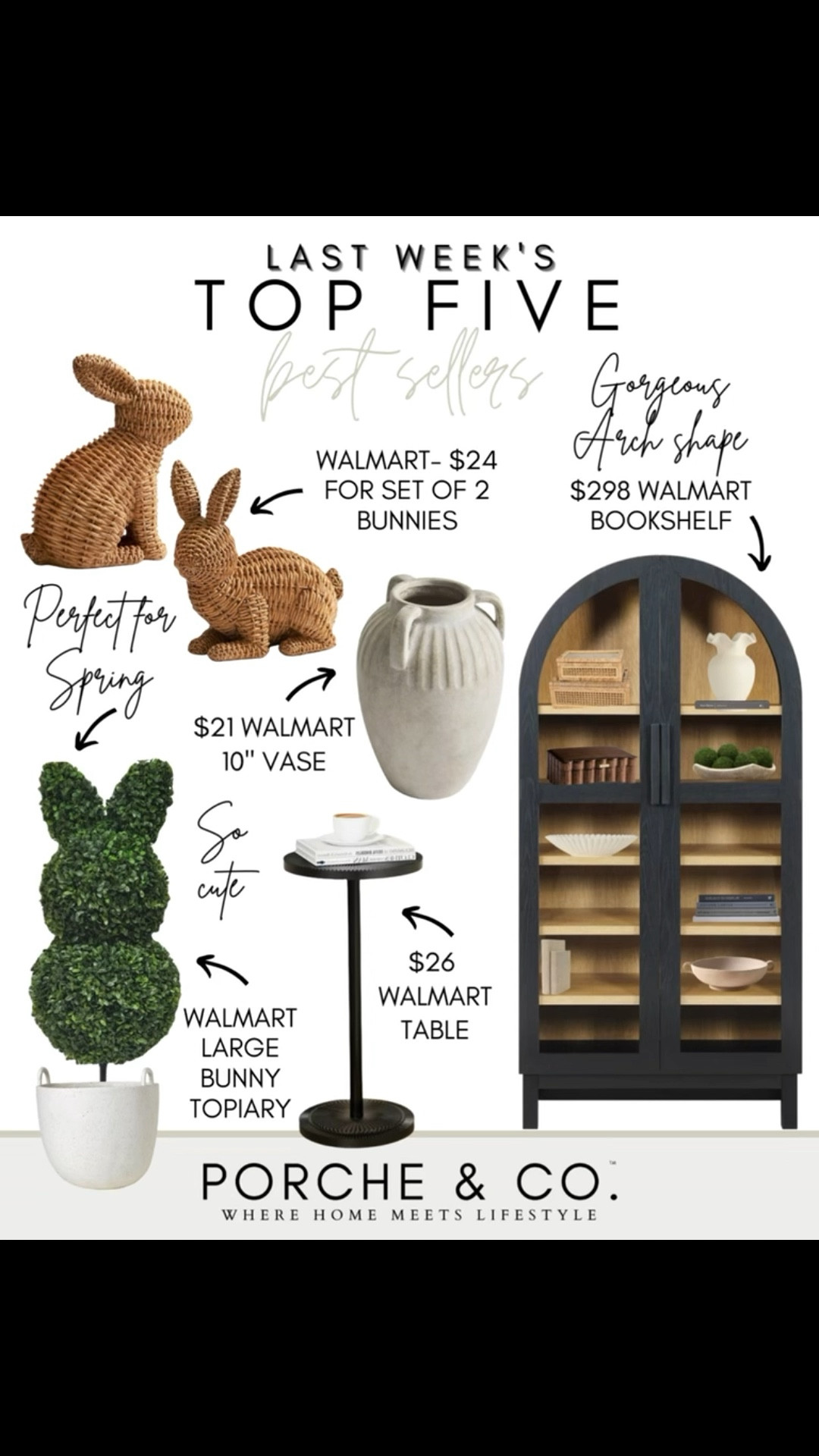 Spring is starting to sneak in… and y’all are here for it! 🌿🐰These top 5 best sellers from last week are all from Walmart and under $300 — the sweetest finds for refreshing your home as we head into a new season.

✨ Set of 2 woven bunnies – $24 and SO cute
🌿 Bunny topiary – such a fun porch accent
🏺 10” sculptural vase – perfect neutral layering
🖤 $298 arch bookshelf – a designer look for less
🖤 $26 accent table – petite but bold

I linked them all on LTK for you! Tap to shop 🤍
#porcheandco #LTKhome #WalmartHome #bunnydecor #springrefresh #homedecorfinds #modernclassicstyle

#LTKHome #LTKSaleAlert #LTKSeasonal