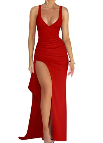 Memoriesea Women's Sexy Plunge Neckline Bodycon Ruched High Slit Party Maxi Dress Red | Amazon (US)