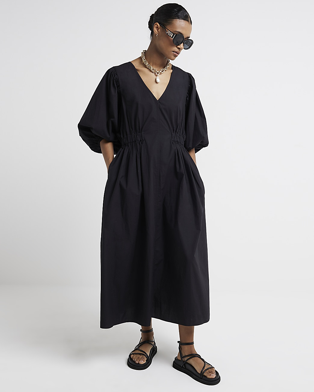 Black smock midi dress | River Island (UK & IE)