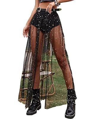 Meyhad Womens 2 in 1 Clubwear Party Sheer A-Line Long Skirts Elastic High Waist Galaxy Mesh Skirt | Amazon (US)