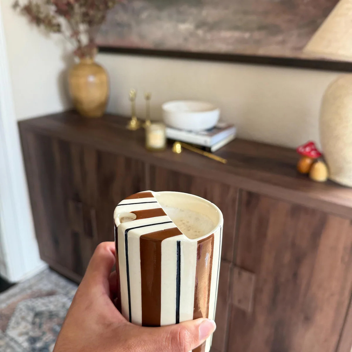 Pink & Brown Striped Travel Mug, Handmade Ceramic Coffee Tumbler, Pottery to Go Mug, Birthday Mot... | Etsy (Global)