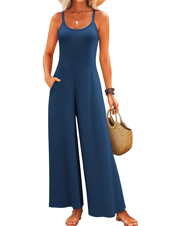 Jumpsuits for Women 2025 Summer Sleeveless Casual Loose Wide Leg Long Pant Rompers One Piece Beac... | Amazon (US)