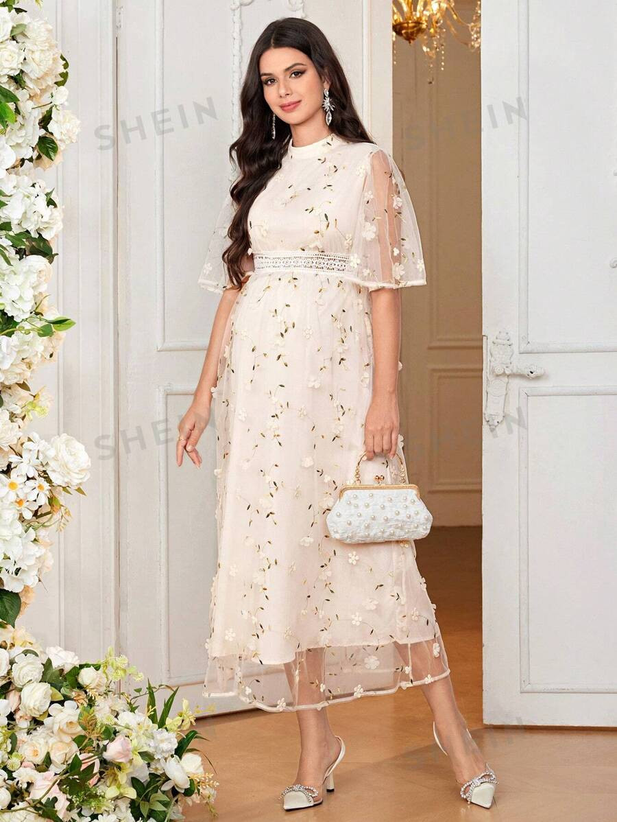 SHEIN Maternity Elegant, Youthful & Mature Round Neck Long Slim Fit Dress With Bell Sleeves For F... | SHEIN