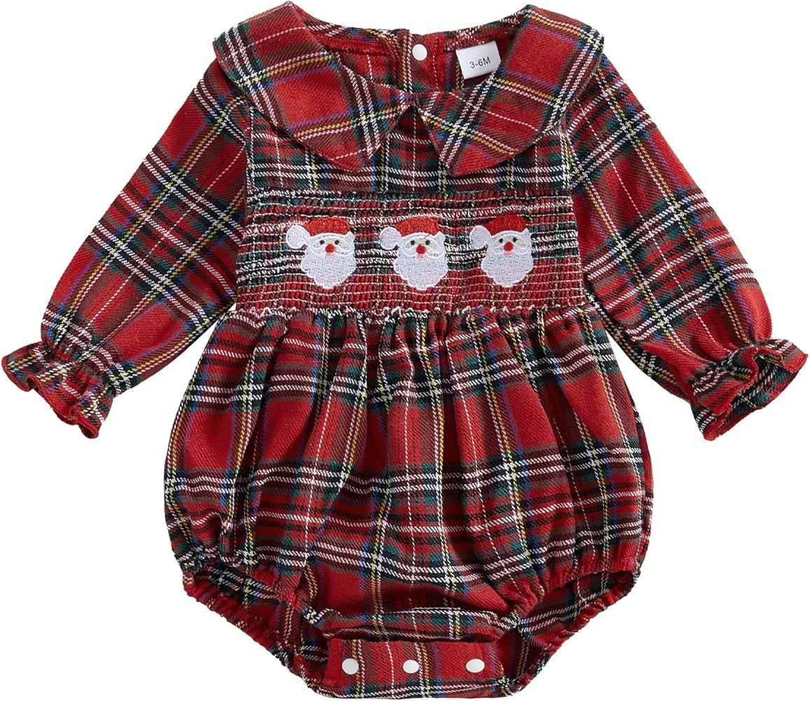 Amiblvowa Newborn Baby Girl Christmas Outfit Plaid Smocked Bubble Romper Embroidery Tree Bodysuit... | Amazon (US)