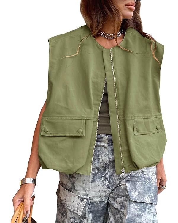 Tankaneo Womens Casual Zip Up Vest Cargo Oversized Ruched Hem Sleeveless Blazer Jackets Tops | Amazon (US)