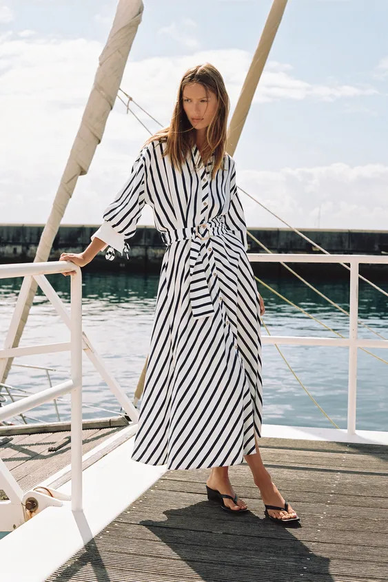 STRIPED MIDI DRESS WITH BELT | Zara UK