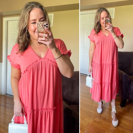 Smocked Ruffle V-Neck Short Sleeve Tiered Midi Dress from Amazon with Espadrille sandals and hand bag from The Drop. 

#LTKsalealert #LTKFind #LTKSeasonal
