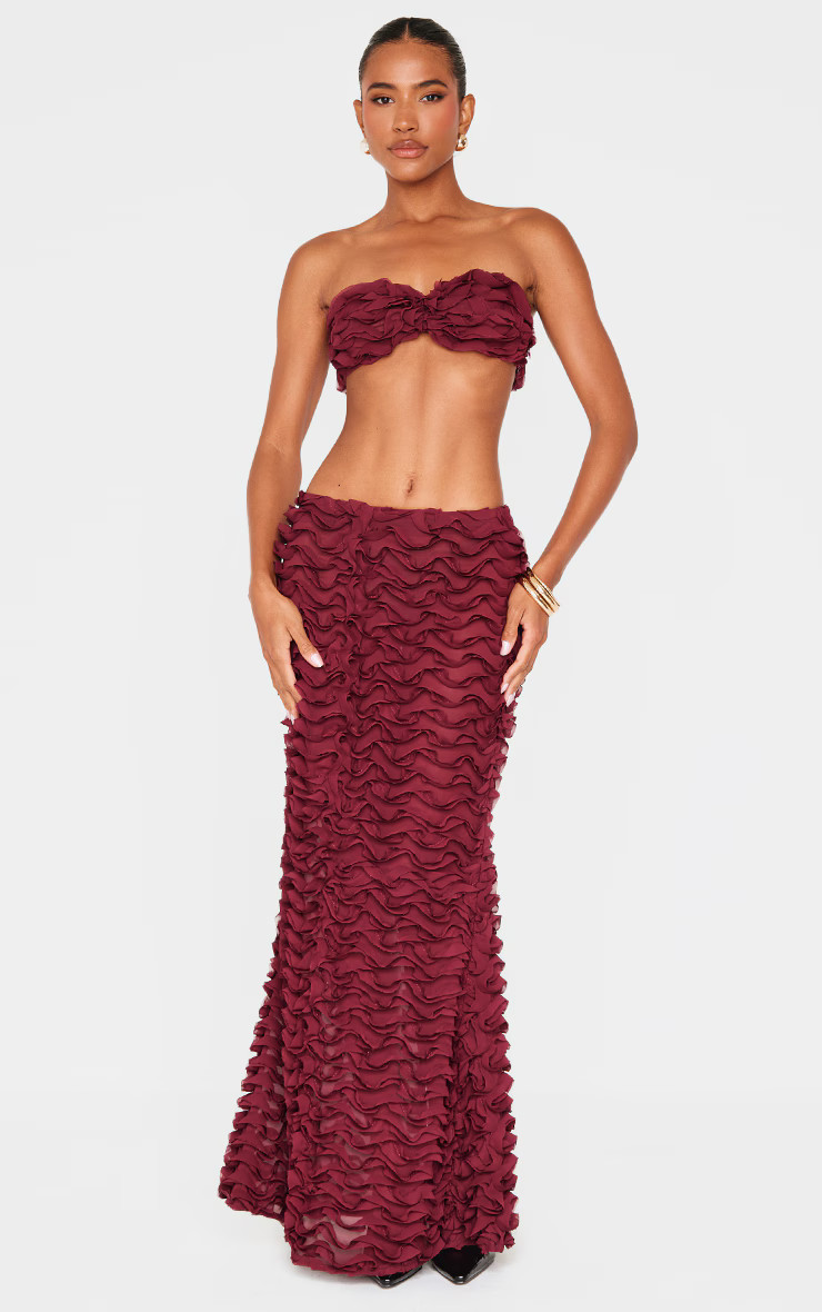 Burgundy Chiffon Ruffle Low Rise Maxi Skirt | Co-ords | PrettyLittleThing US