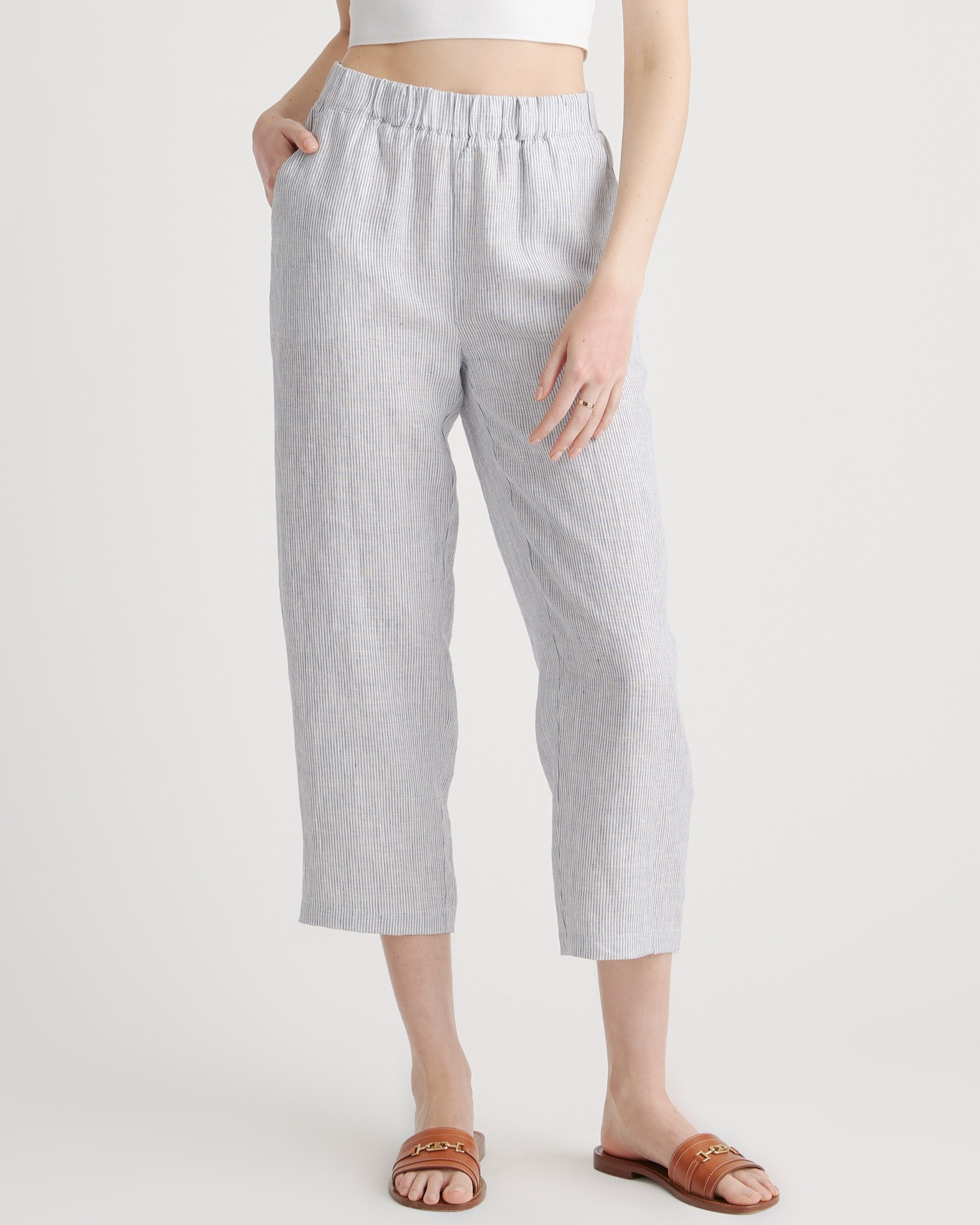 Quince | Women's 100% European Linen Pants in Blue Pinstripe, Size Small | Quince