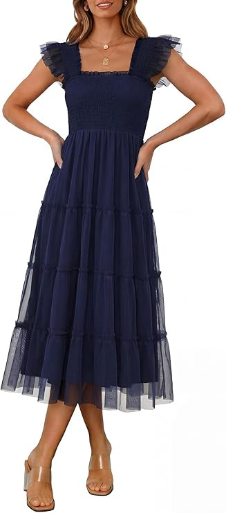 ANRABESS Women Summer Floral Midi Dress Sleeveless Boho Flowy Smocked RuffleTulle Beach Vacation ... | Amazon (US)