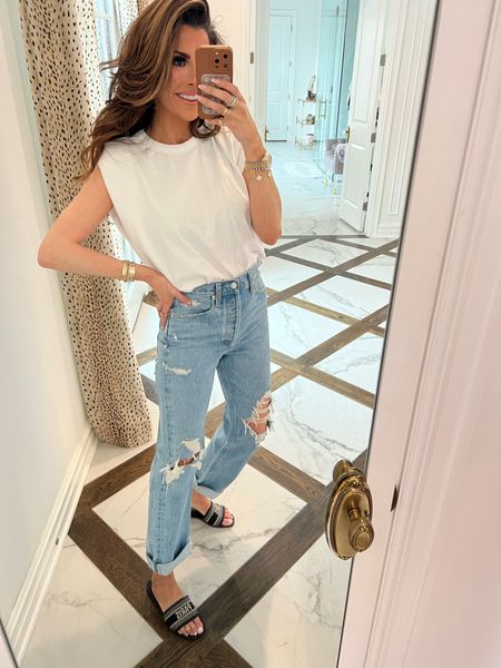 Steve Madden, Casual Outfit, White T-Shirt, Ripped Jeans, Sandals, Emily Ann Gemma 

#LTKstyletip